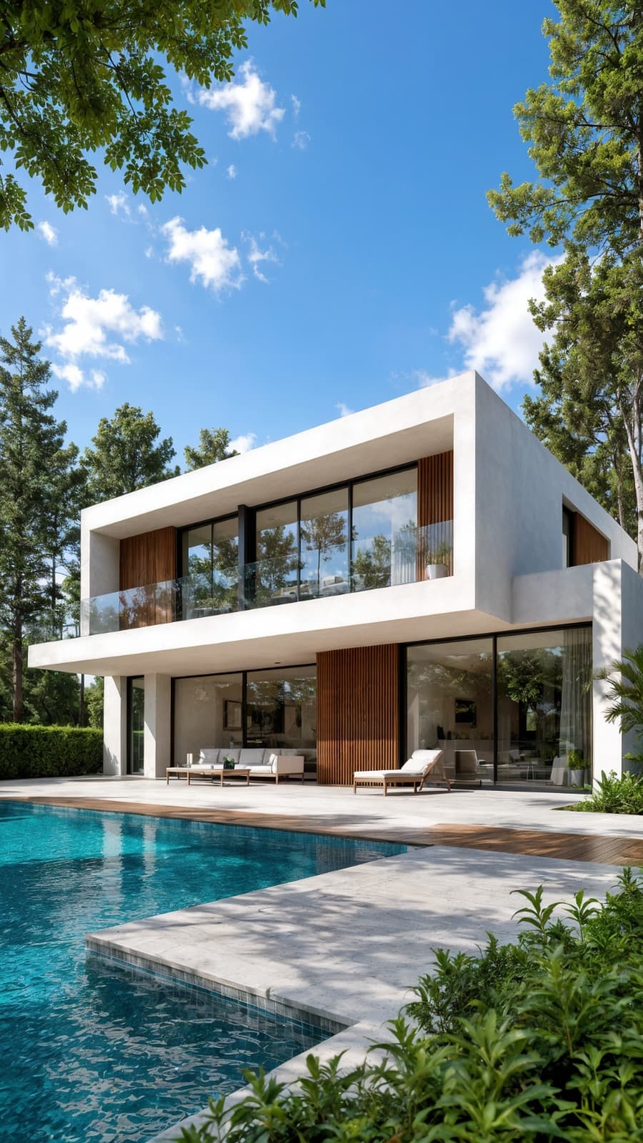 Casa de hormigón de líneas puras con grandes ventanales y piscina