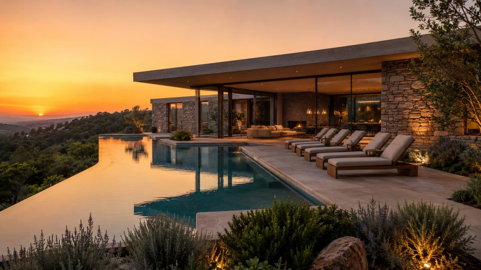 Vivienda de hormigón en ladera con piscina infinita al atardecer sobre el valle