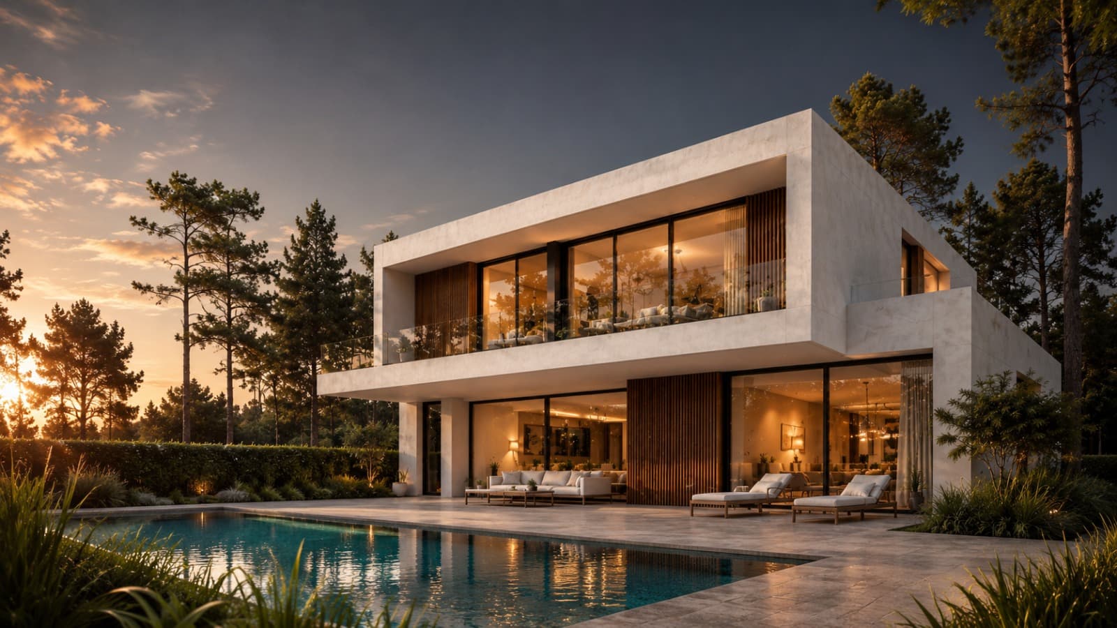 Vivienda de hormigón y madera con piscina al atardecer entre pinos