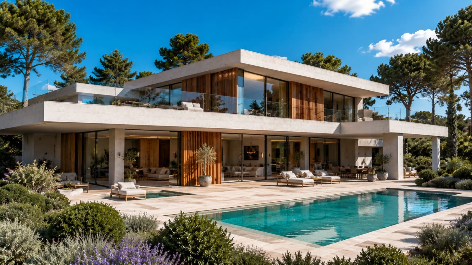 Villa de hormigón a medida con jardín y piscina a plena luz del día