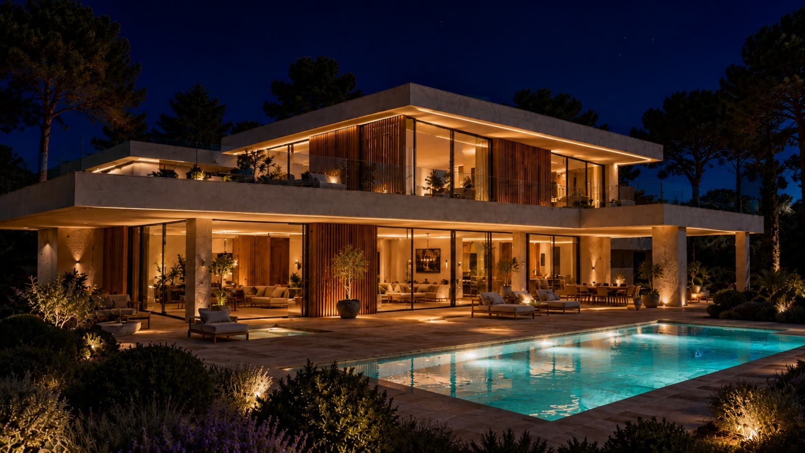 Villa de hormigón de dos plantas iluminada de noche con piscina