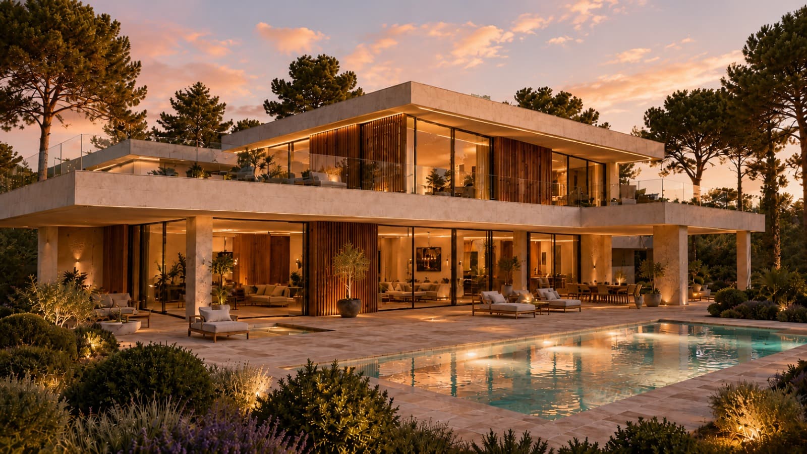 Villa de hormigón a medida al atardecer con piscina — Madrid